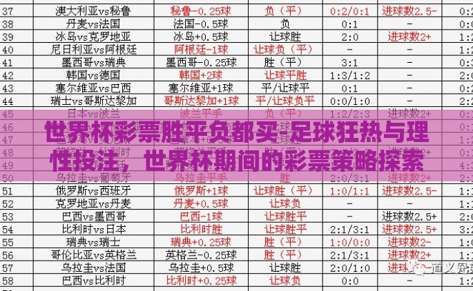 世界杯彩票胜平负都买-足球狂热与理性投注，世界杯期间的彩票策略探索