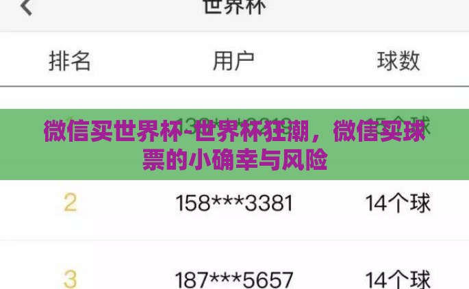 微信买世界杯-世界杯狂潮，微信买球票的小确幸与风险