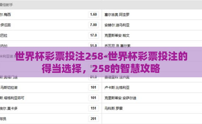 世界杯彩票投注258-世界杯彩票投注的得当选择，258的智慧攻略