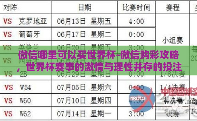 微信哪里可以买世界杯-微信购彩攻略，世界杯赛事的激情与理性并存的投注方式